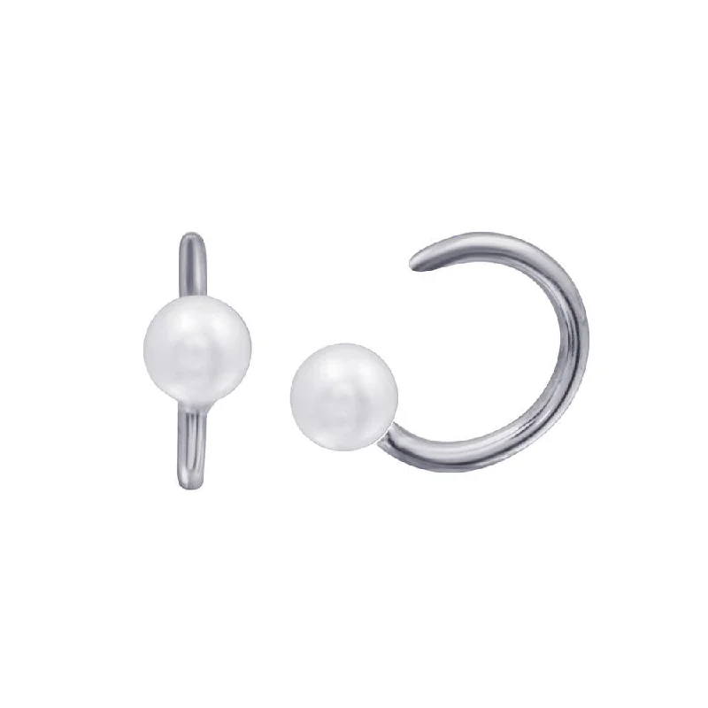Huggie hoop earringsRhodium Plated 925 Sterling Silver Pearl Semi-Hoop CZ Earring - STE01316RH Huggie hoop earringsRhodium Plated 925 Sterling Silver Pearl Semi-Hoop CZ Earring - STE01316RH