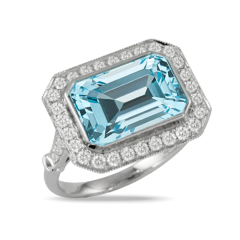 Diamond - Encrusted Women's Rings for Special Occasions in 18K GoldEmerald-Cut Blue Topaz & Diamond Milgrain 18K White Gold Ring Diamond - Encrusted Women's Rings for Special Occasions in 18K GoldEmerald-Cut Blue Topaz & Diamond Milgrain 18K White Gold Ring