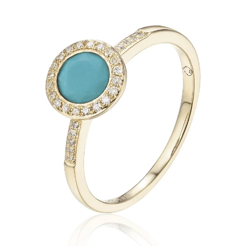 Engagement - Inspired Women's Rings with a Halo of Small DiamondsTurquoise & Diamond Halo 14K Yellow Gold Ring Engagement - Inspired Women's Rings with a Halo of Small DiamondsTurquoise & Diamond Halo 14K Yellow Gold Ring