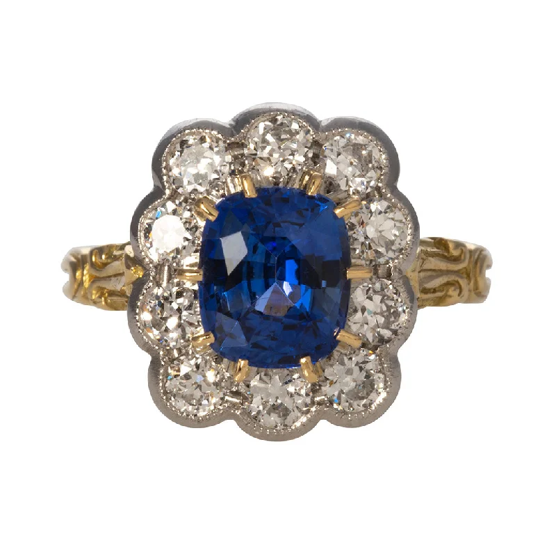 Statement - Making Cocktail Rings for Women with Large Cubic ZirconiaVictorian Style 2.37ct Cushion Sapphire & Diamond Cluster Milgrain Ring Statement - Making Cocktail Rings for Women with Large Cubic ZirconiaVictorian Style 2.37ct Cushion Sapphire & Diamond Cluster Milgrain Ring