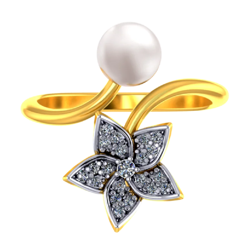 Cluster - Style Women's Diamond Rings with Multiple Small Diamonds Arranged in a Stunning Pattern18k Diamond Ring With A Diamond Studded Five-petal Floral Design And A Pearl Cluster - Style Women's Diamond Rings with Multiple Small Diamonds Arranged in a Stunning Pattern18k Diamond Ring With A Diamond Studded Five-petal Floral Design And A Pearl