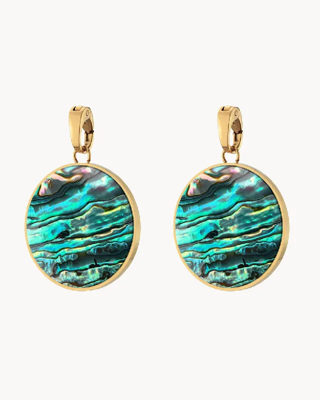 Pearl - studded drop earrings with a classic designFearlessness Stone Abalone Shell Statement Earring Pendants, Gold Pearl - studded drop earrings with a classic designFearlessness Stone Abalone Shell Statement Earring Pendants, Gold